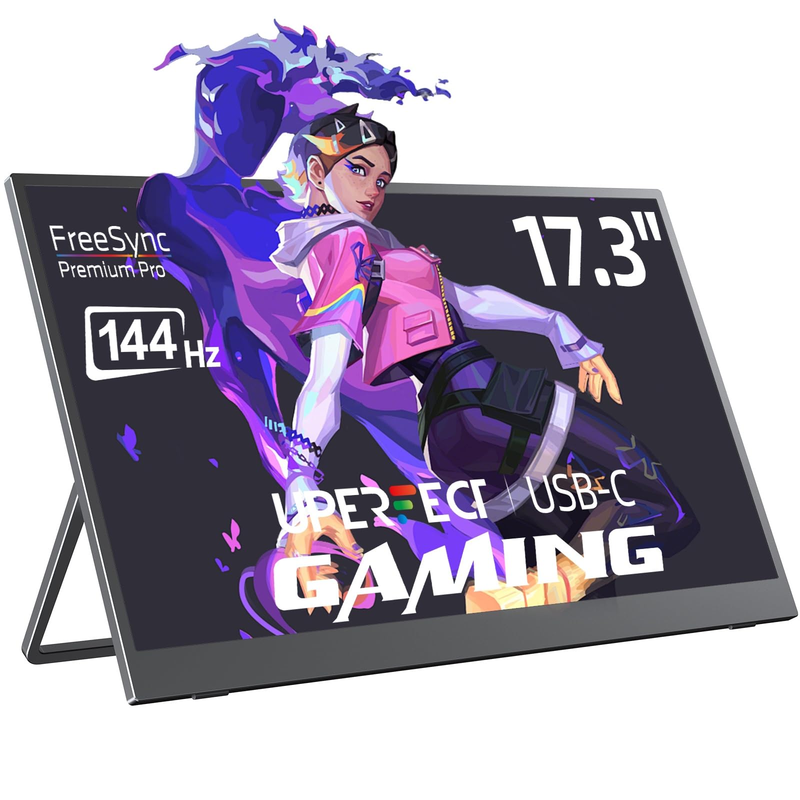 UPERFECT Portable Monitor 17.3 Inch 144Hz with Built-in Stand Matte Eye-Care IPS Display Full HD 1920x1080 Mini HDMI 2 USB C for PC Laptop Smartphone PS4/5 Switch Xbo, VESA Compatible