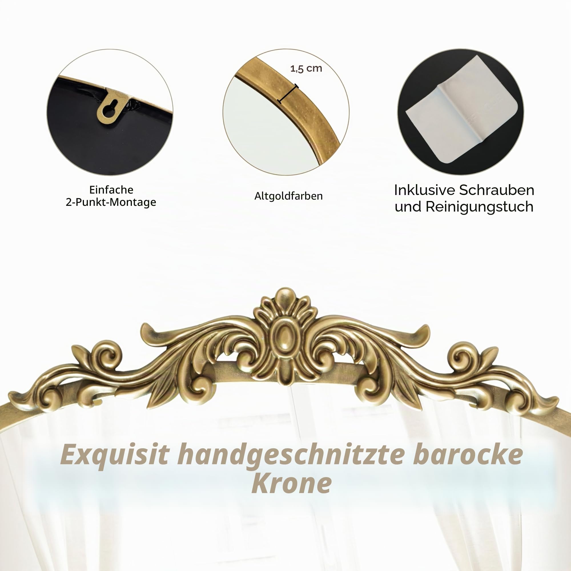 PERFNIQUE Gold Vintage Spiegel, 76 x 48 cm gewölbter antiker Barockspiegel für Wand, Messing Traditionelle kunstvolle Wanddekoration für Badezimmer Wohnzimmer Kamin Eingang Flur (76 x 48 cm)