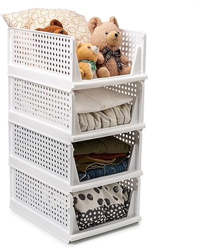 Miniatura 4 de EZOWare Cajón extraíble apilable de 4 niveles, estante organizador de ropa plegable, estantes de cesta de almacenamiento para armario para dormitorio