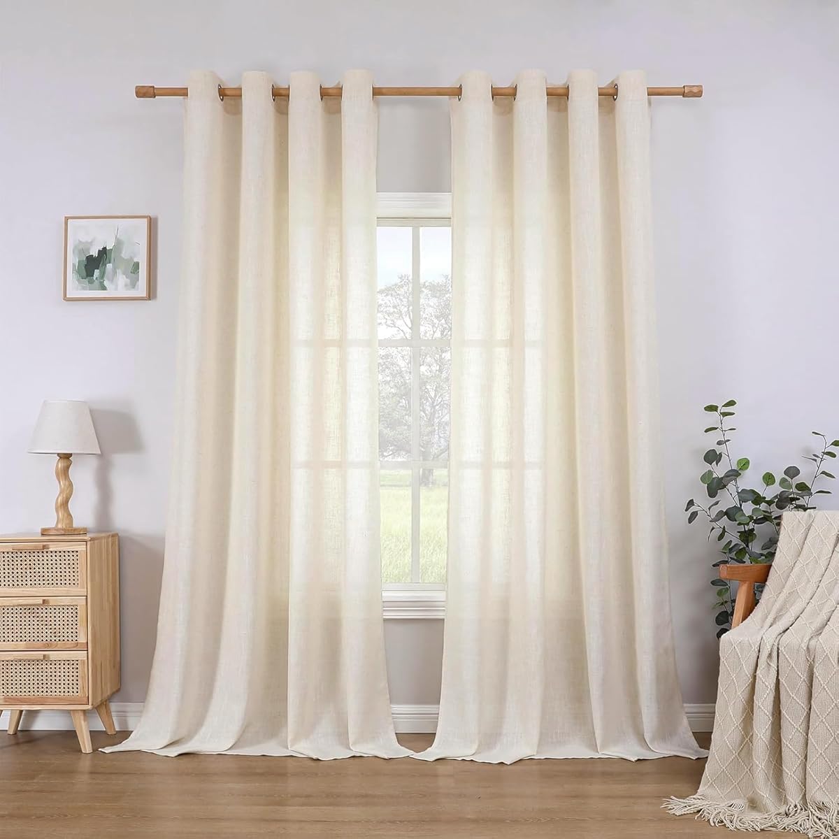 CUCRAF Linen Curtains Eyelet Sheer Net Voile 2 Panels 55" Width x 90" Drop Natural