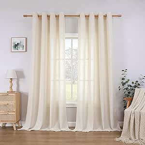 CUCRAF Linen Curtains Eyelet Sheer Net Voile 2 Panels 55" Width x 90" Drop Natural