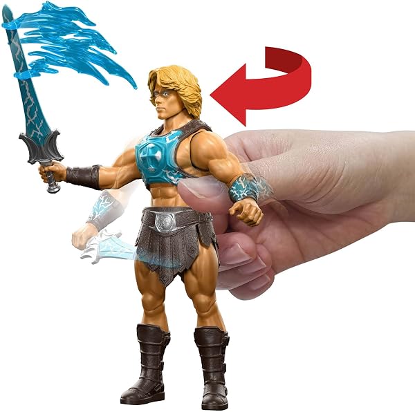 Masters of the Universe Funktionsfigur He-Man mit Schlagkraft durch das Schwert der Macht, Dreh- und Loslassfunktion, ca. 14 cm mit Zubehörteil, detailgetreues Heldenspielzeug aus dem Film, JKJ02 - 2