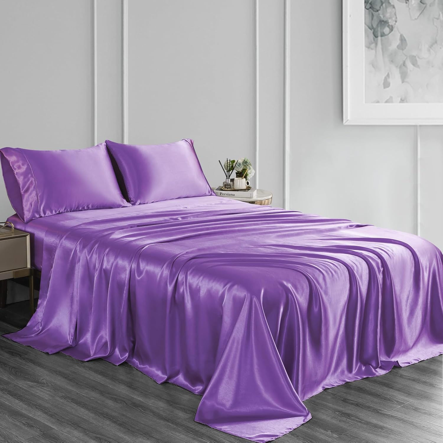 ILVOE Silk Sheets Queen 4PCs Satin Sheets,1 Deep Pocket Fitted Sheet up