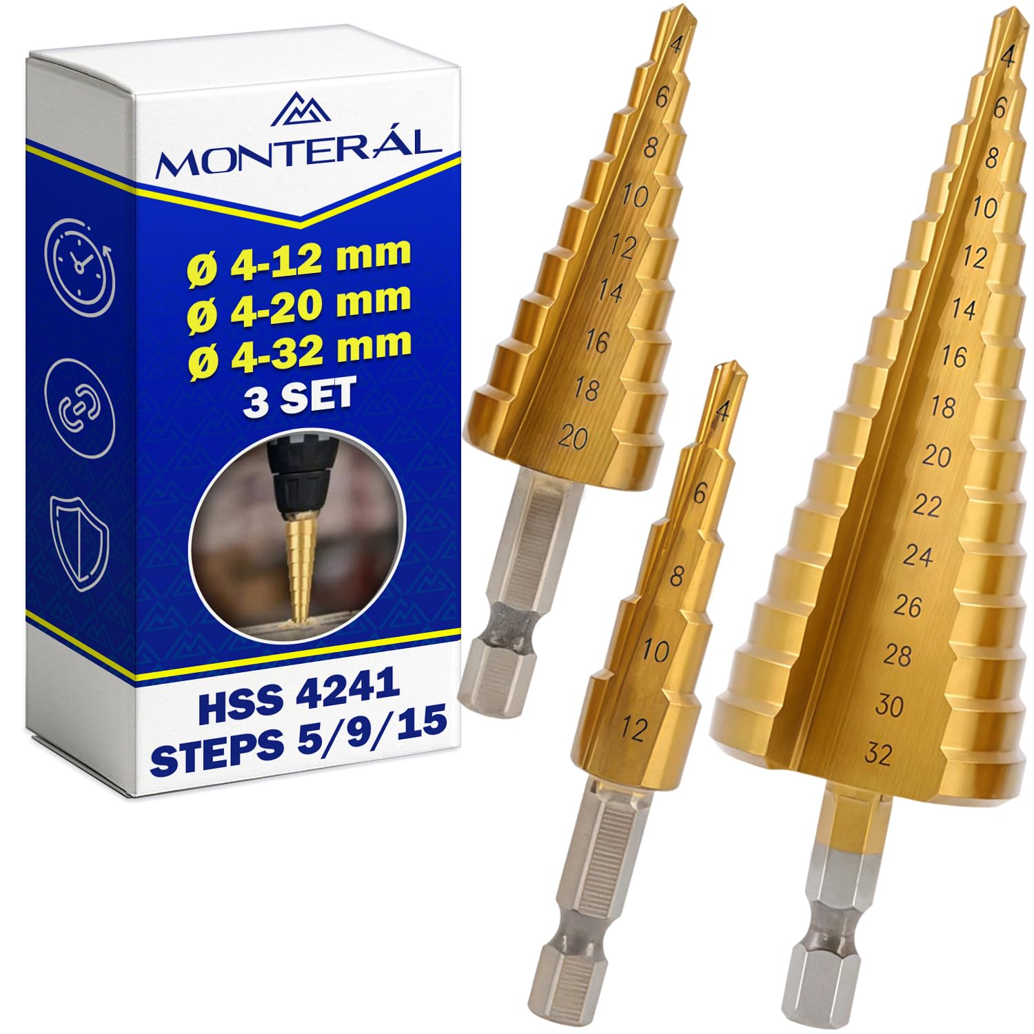 3 Piezas Broca Escalonada para Metal Ø 4-12 mm Ø 4-20 mm Ø 4-32 mm en Acero HSS 4241 con Recubrimiento Titanio - Broca Conica para Metal para Acero para Plástico - MONTERAL