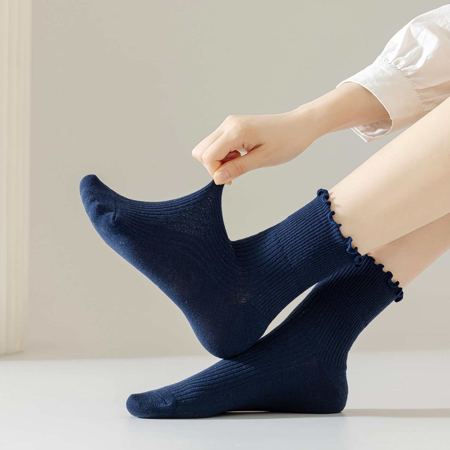 Mcool Mary Women's Ruffle Socks,Casual Cute Ankle Breathable Knit Cotton Soft Frilly Crew Socks for Women 6 Pack: 5-9 6colors(blue+grey+dark Blue+white+milk White+black)