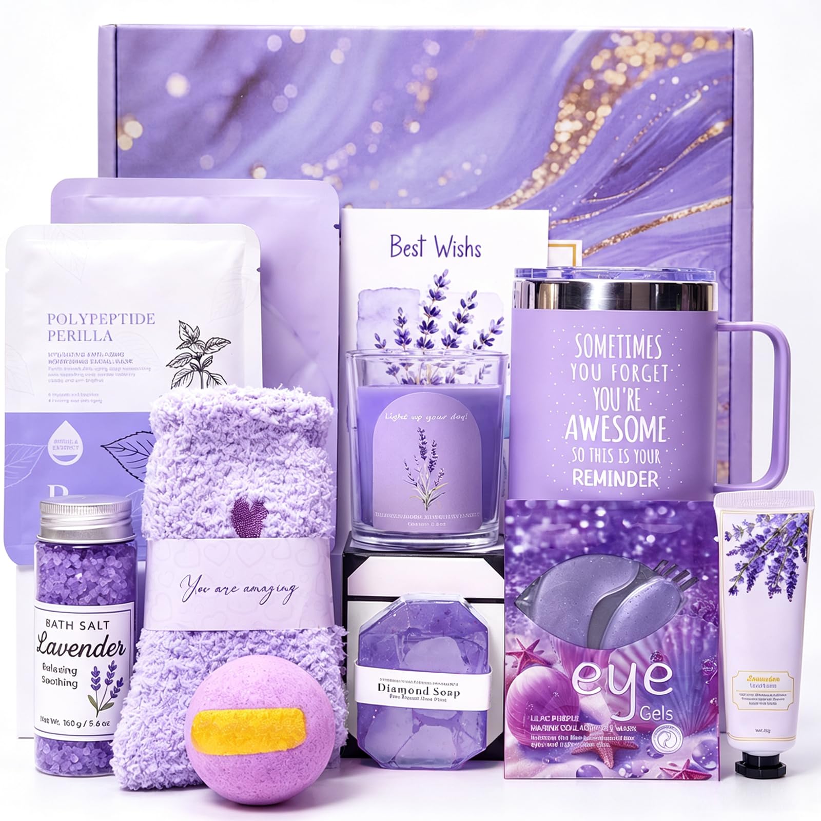 Lavender Spa Gift Baskets for Women - 10 Pcs Happy Birthday Gifts for Women, Unique Relaxation Spa Gift Christmas Ideas Relaxing, Valentine's Day Self-Care Gift Basket for Mom, Wife, Girlfriend