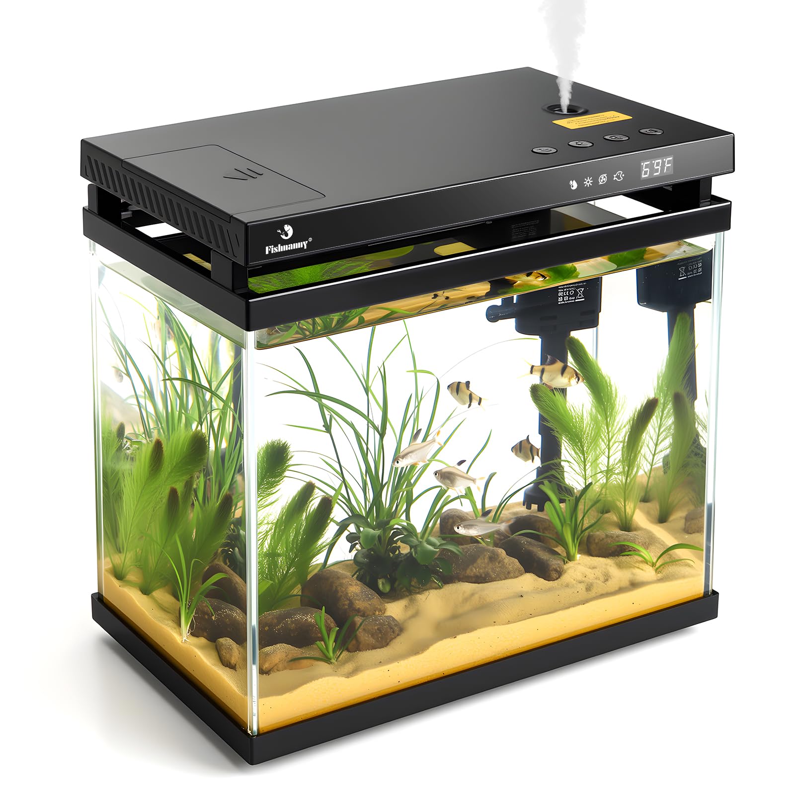 Fishnanny 9L Smart Mini Fish Tank Aquarium - HD Glass Fish Tank Kits with Auto Feeder, Self-Cleaning Silent Filter Pump, Aromatherapy, Temperature Display & 7-Color Lights for Desktop, Office, Room