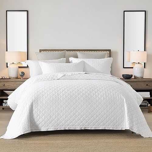 Miniatura 7 de SahSahCasa Juego de edredón tamaño Queen, juego de ropa de cama 100% algodón, costuras con patrón de diamante, color sólido, elegante, ligero,