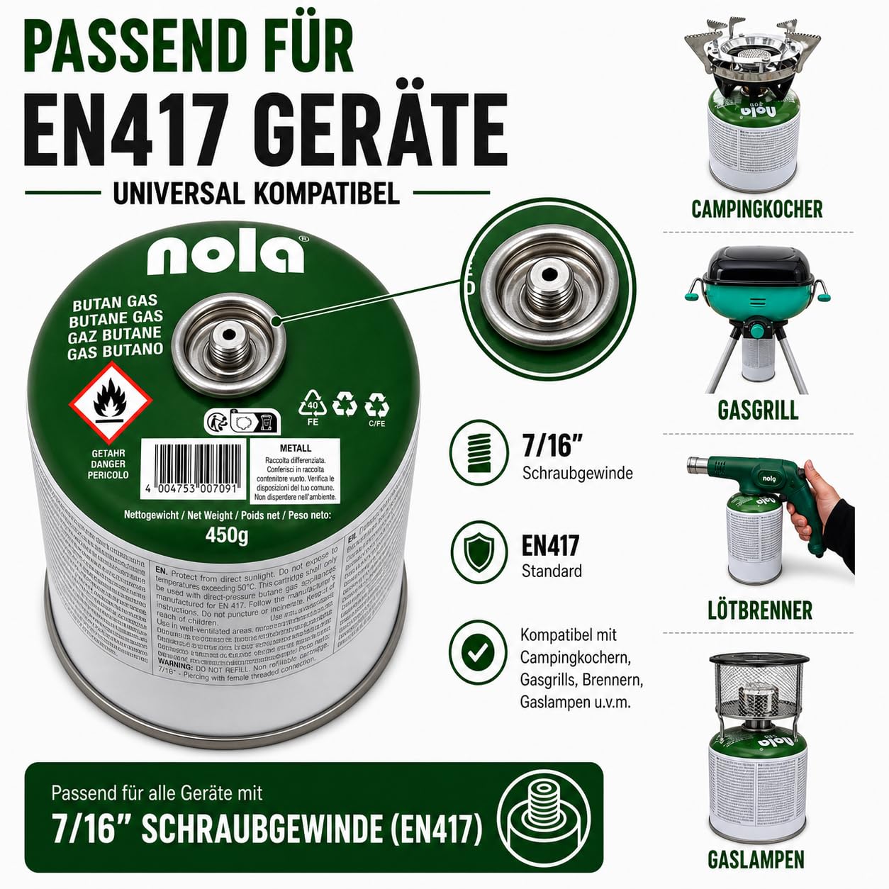 NOLA 4X 450g Gaskartuschen – Propan-/Butangas Schraubkartuschen mit Gewinde 7/16" Gas, Campinggas, für Campingkocher, Gaskocher & Gasgrill – Schraubventil Kartusche Outdoor EN417 Notfall Stromausfall
