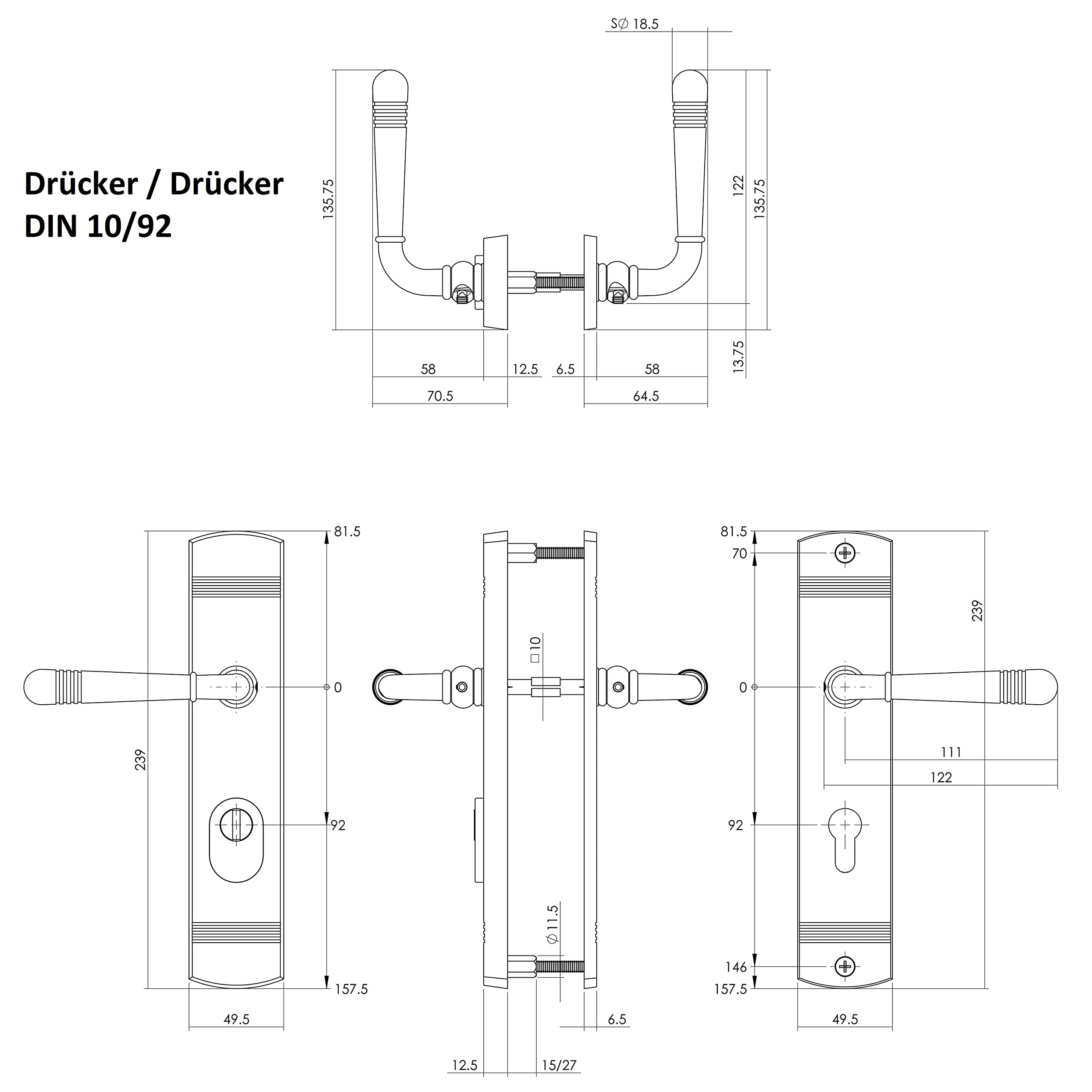 MS Beschläge Schutzbeschlag Zylinderschutz Kernziehschutz Sicherheitsbeschlag Antik Grau Vintage-Look Langschildgarnitur Metallunterkonstruktion Türdrücker (Drücker/Drücker, DIN 10/92)