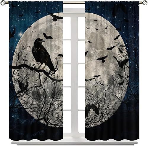 Miniatura 8 de Cortinas opacas góticas de Halloween para dormitorio, fantasía, galaxia, bosque, luna llena, murciélagos de cuervo negro, cortinas de oscurecimiento