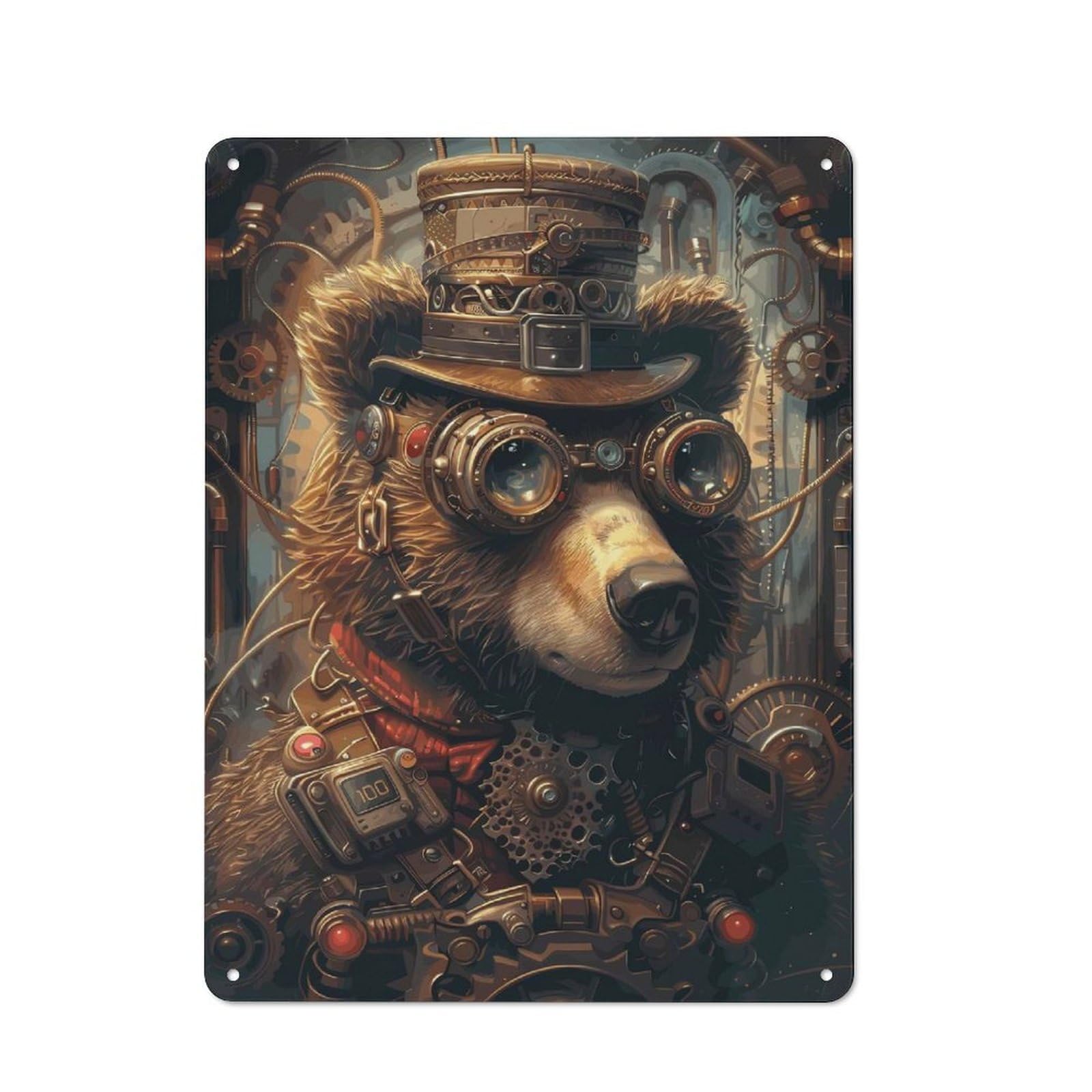 Junmoney Style-22 Tin Wall Plaque 40X30cm With Animal Steampunk Bear For Guest Room Or Hallway, A Decorative Christmas Gift For Home Decor Collectors