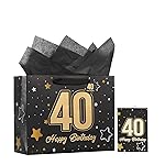 Powbrace 13 Black 40th Birthday Gift Bag with Tissue Paper and Greeting Card for Party,Happy Birthday Gift Bag for Men Women,Gift Bags Medium size(1 Black 40th)