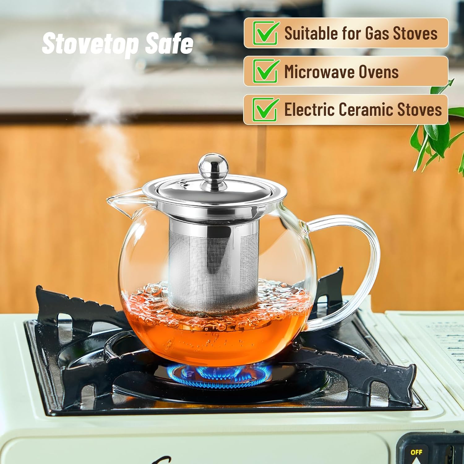 Glass Teapot Stovetop 22 OZ/650ml, Tea pot with Removable 18/8 Stainless Steel Infuser, Borosilicate Clear Tea Kettle, Teapot Blooming and Loose Leaf Tea Maker Tea Brewer for Camping, Travel thumbnail