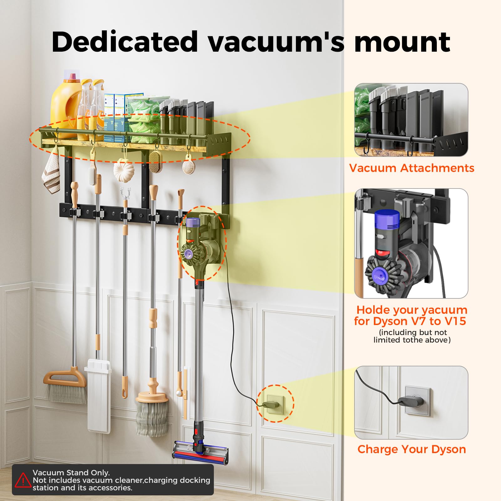 Broom & Mop Wall Mount with Shelf - Black -5
