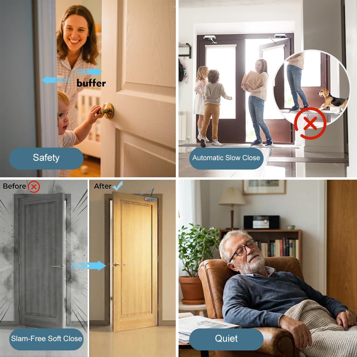 Onarway Automatic Door Closer Size-3: Hydraulic Slam-Free Soft Close, Adjustable Closing Speed, Quiet & Safe for Residential Home, Light Commercial & Office (95–128 lbs), Silver, Easy Install