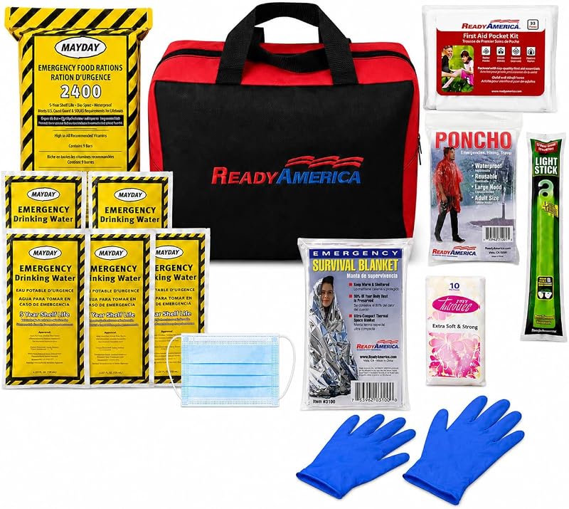 Ready America 70080 Emergency 1-Person 3-Day Tote | Emergency Go-Bag with First Aid Kit, Survival Blanket, Emergency Food for Earthquake, Fire & Flood