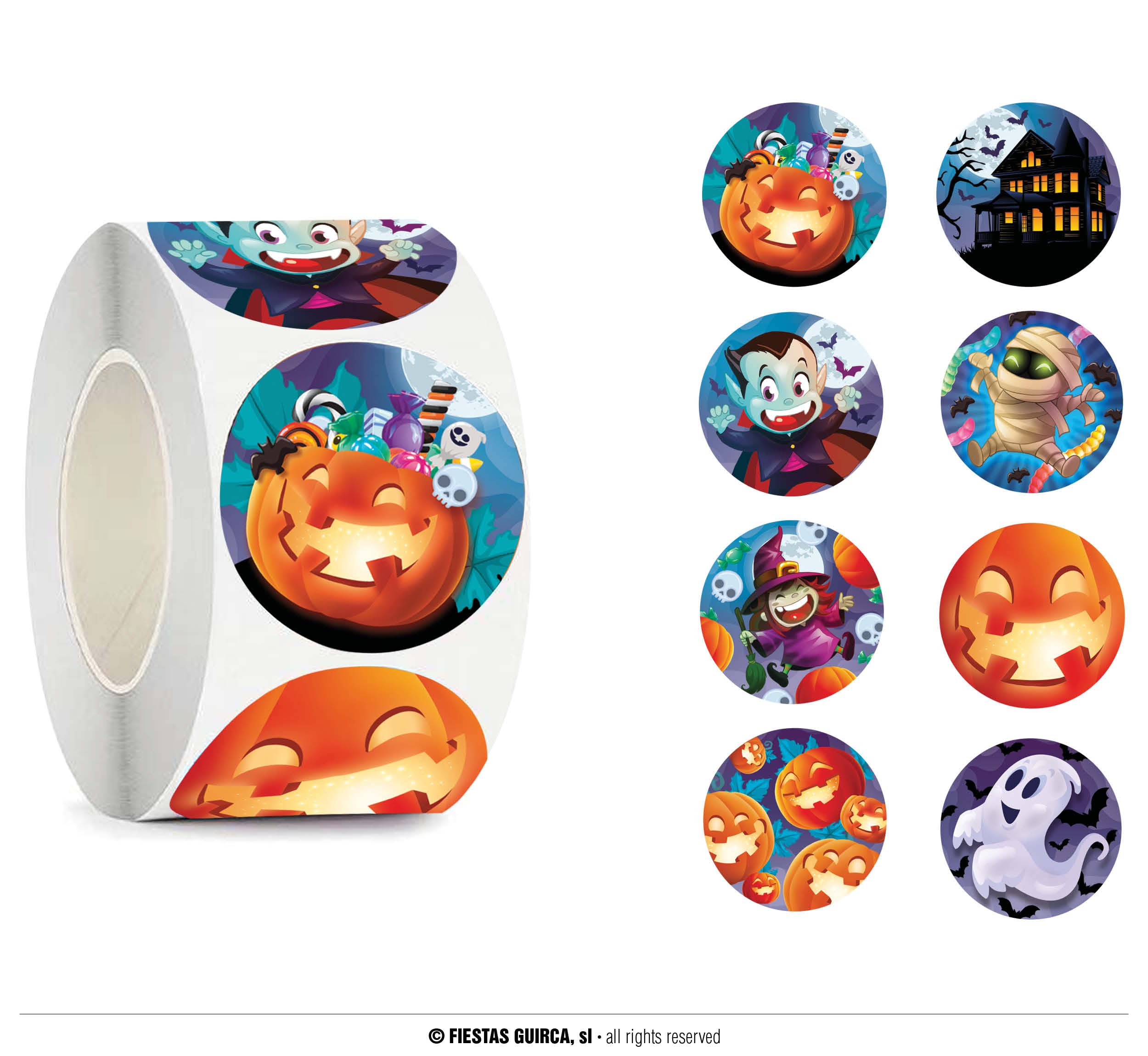 FIESTAS GUIRCA | Roll of 200 Halloween Stickers - Trick or Treat Decoration and Fancy Dress Parties - Ideal for Halloween and Themed Celebrations - Multicoloured
