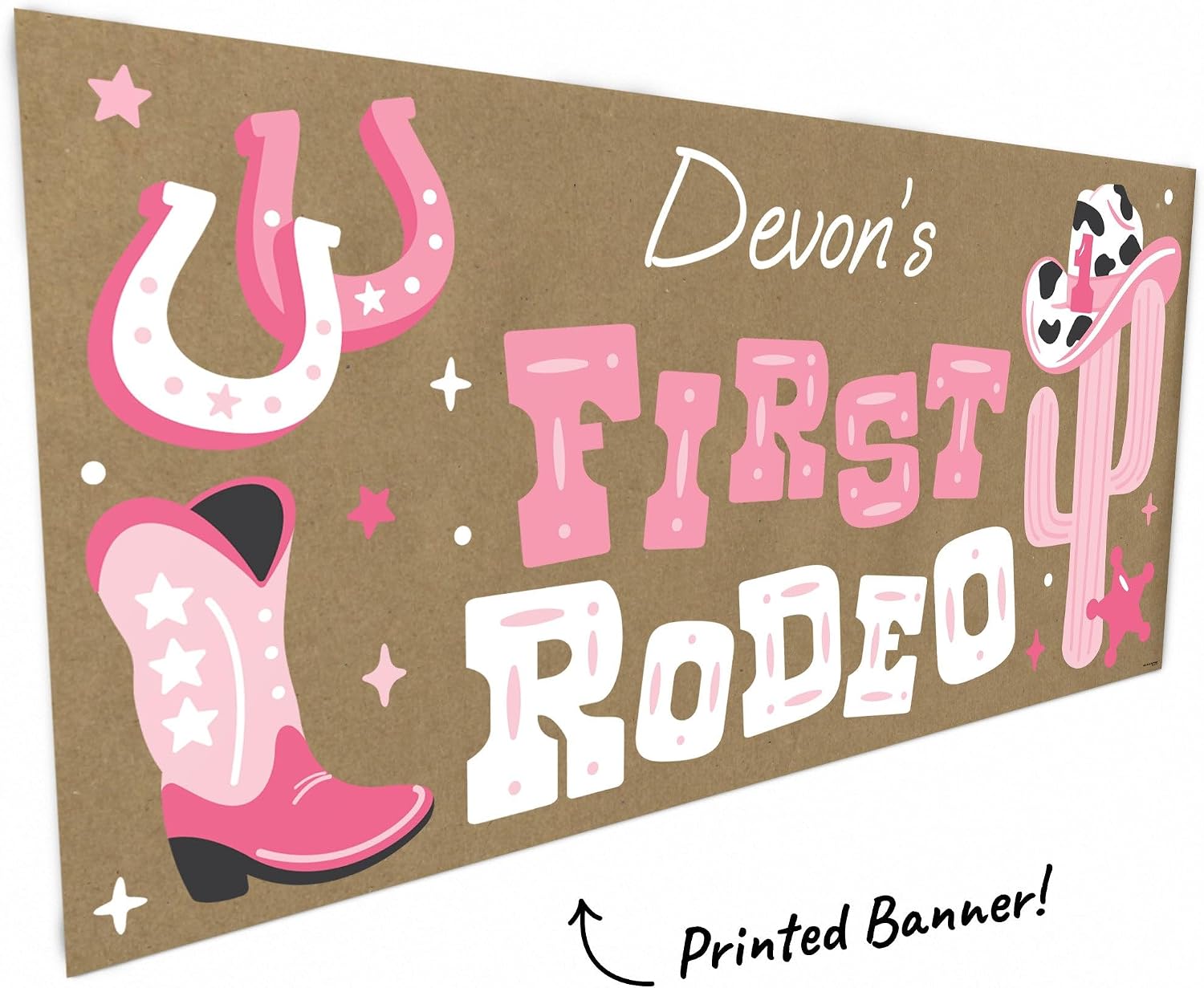Big Dot of Happiness Personalized Pink My First Rodeo Kraft Paper Banner, Cowgirl 1st Birthday Party Banner, Custom Name Printed Brown Paper Party Sign Decoration – 1 Count