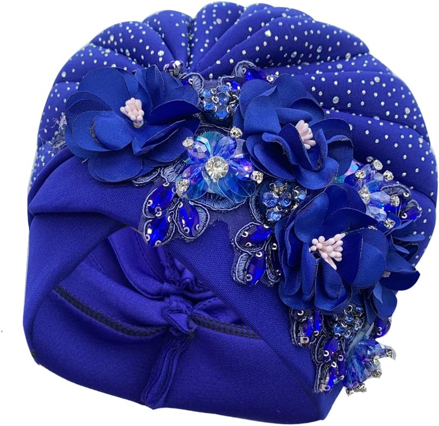 Luxurious African Women's Turban Cap Decorated with Rhinestone Bouquets Pleated Head Wraps Female Shinny Muslim Bonnet Hat