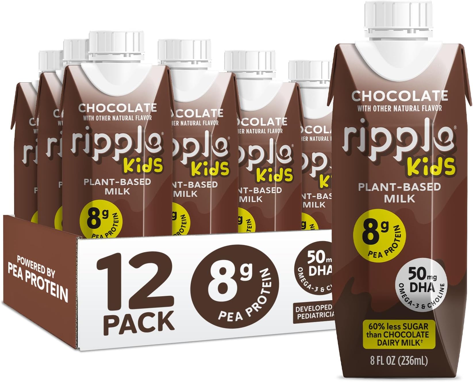 Kids Chocolate Plant Based Milk | Pediatrician Reccommended | 8g Pea Protein | Shelf Stable | Vegan & Non GMO Certififed | Dairy, Soy, Nut, Gluten, and Lactose Free | 8 Fl Oz (Pack of 12)