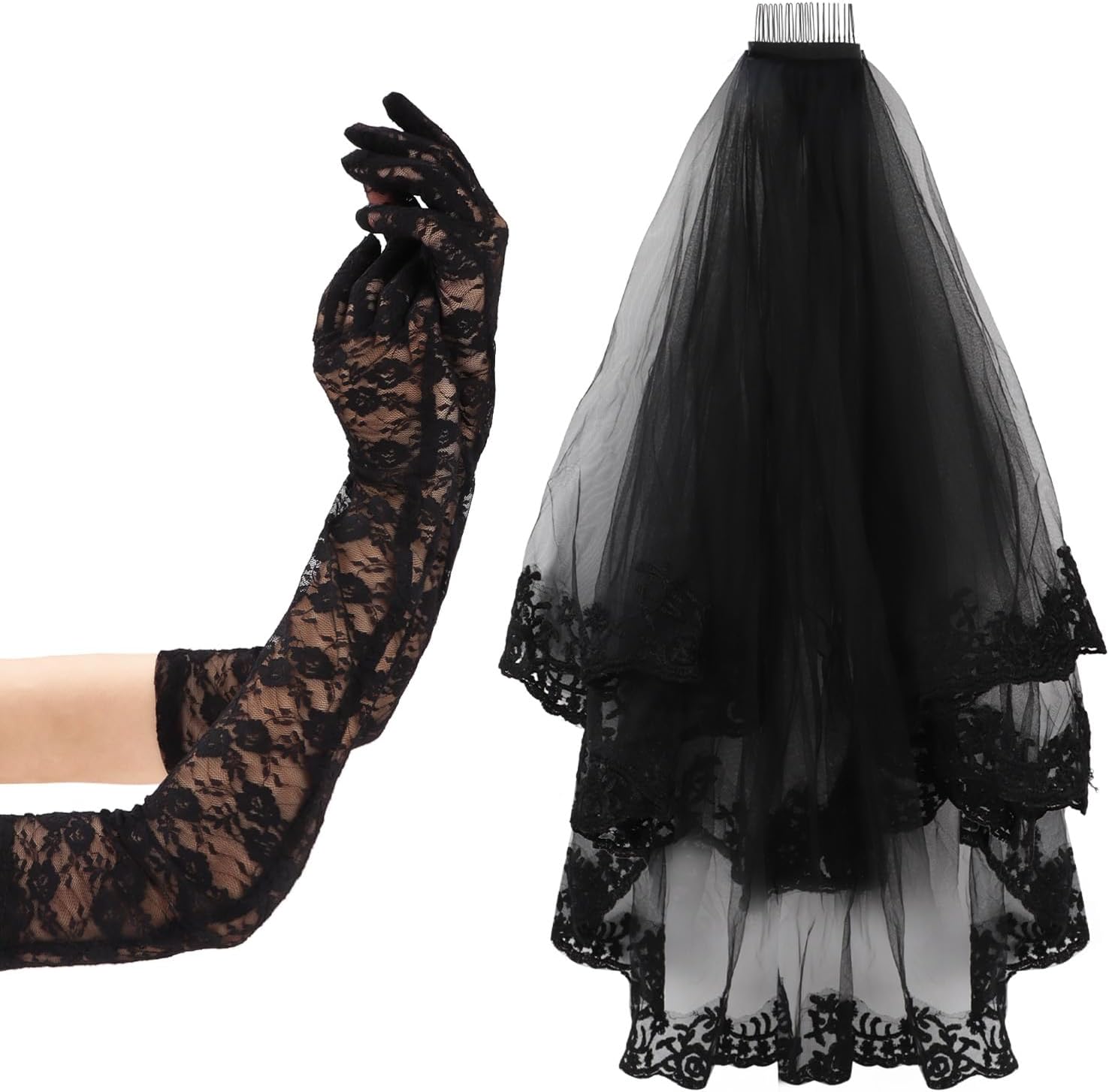 Semato Black Gloves and Black Veils for Women Bride Wedding Halloween Costume Party Accessories