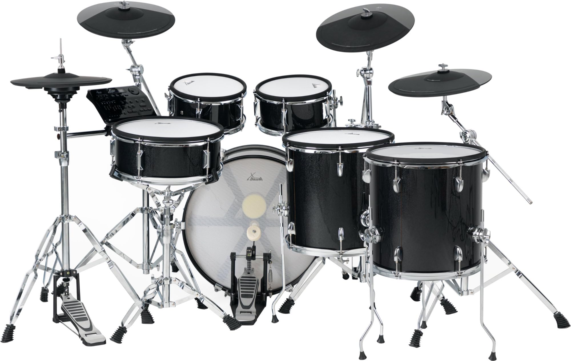 XDrum DD-670 PLUS Mesh E-Drum Kit - batteria elettronica con vera HiHat e casse in legno - pad rullante 14" e pad cassa 20" - 720 suoni, 20 kit utente - incl. hardware - Black Sparkle