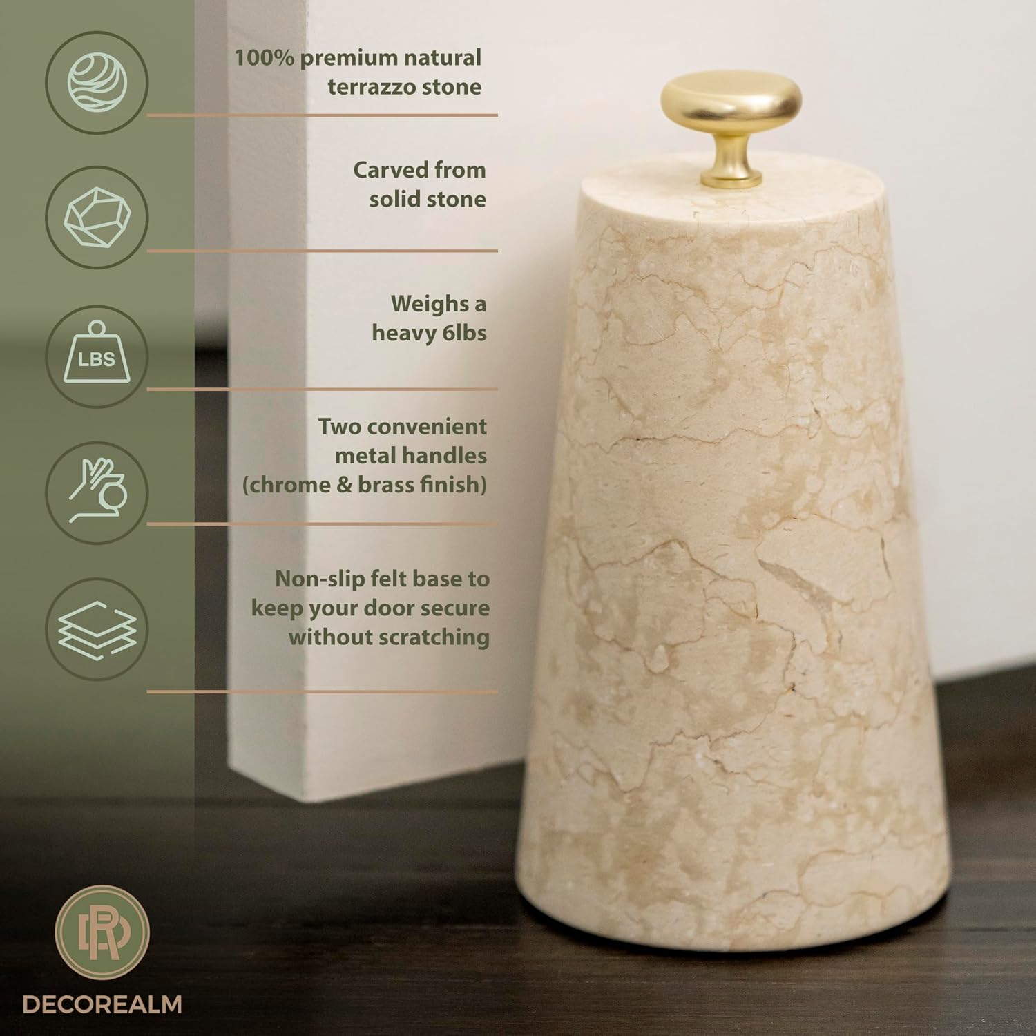 Cream Marble Decorative Door Stop, Cute Door Stopper with Cast Iron Handle, Heavy Weighted Door Stop for Your Indoor or Outdoor Door, Heavy Door Stopper Weight/Rock for Home Decor (2 Knobs, 6lbs)