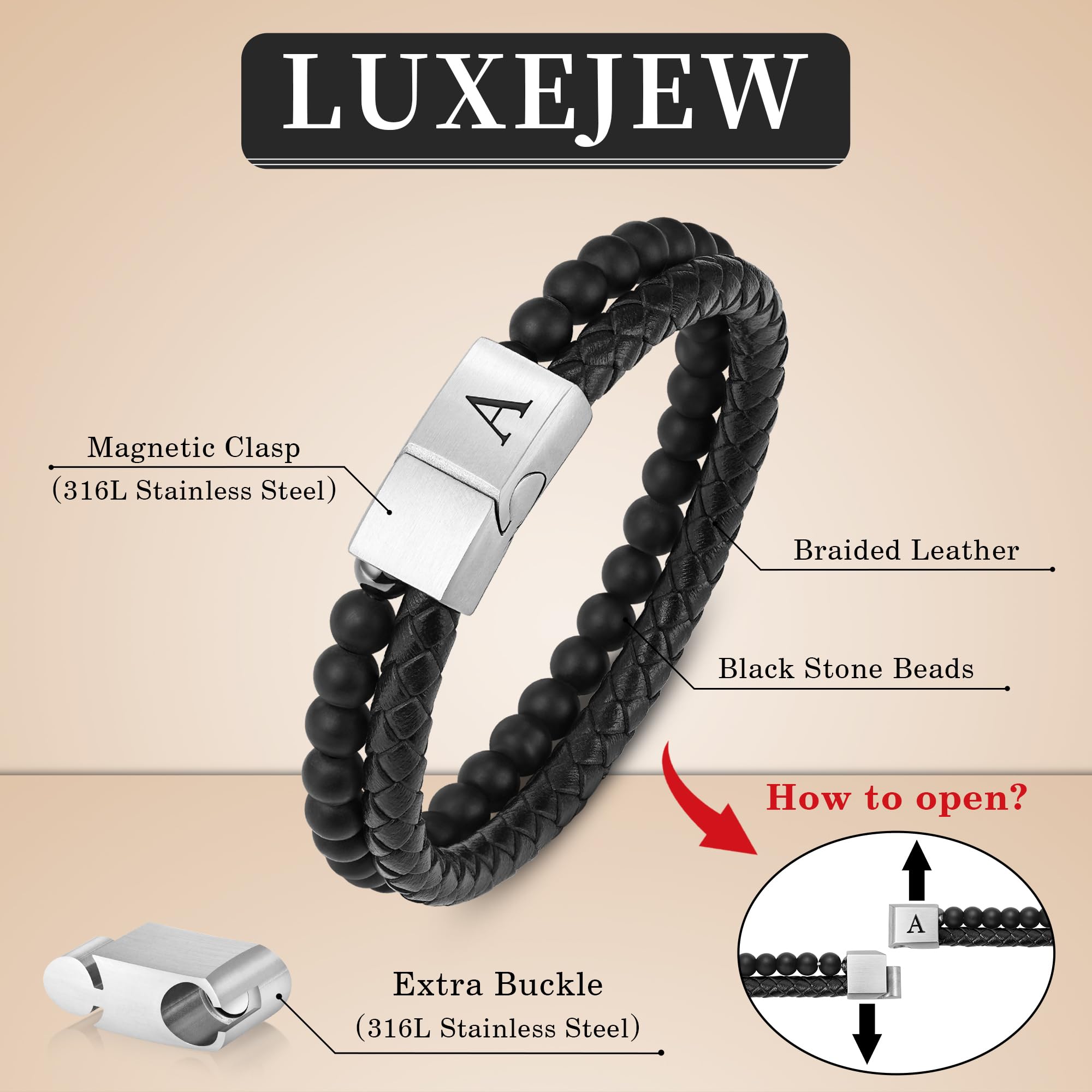 Regalo Navidad para hombre, brazalete de cuero con cuentas, con letra inicial nombre, 15/64 de pulgada, ágata mate, hecho a mano, ajustable, cierre magnético (acero inoxidable), 5