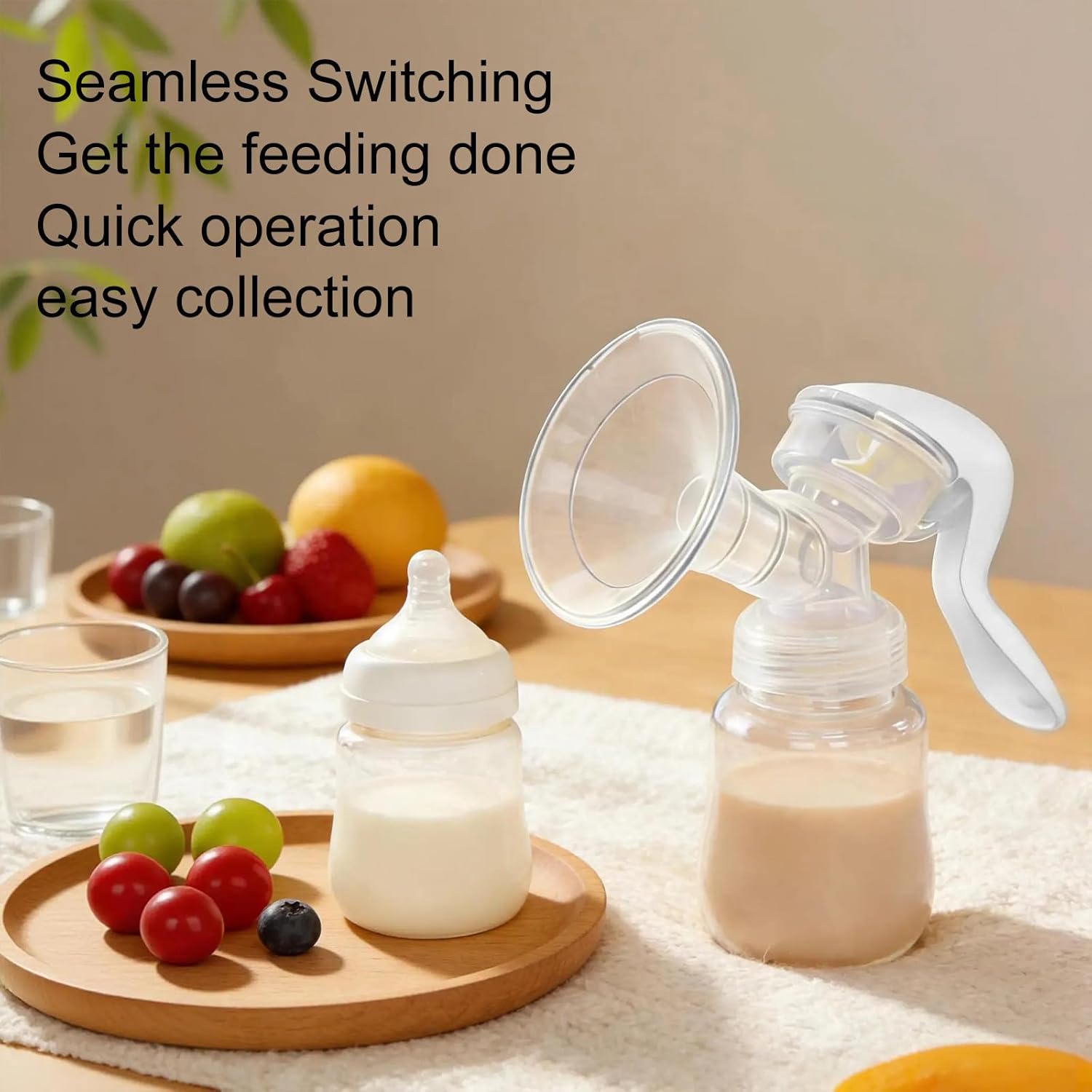 Manual Breast Pump with Gentle Silicone Flange, Portable Hand Pump with 5oz Baby Bottle & Slow Flow Nipple, Breastfeeding Must-Have