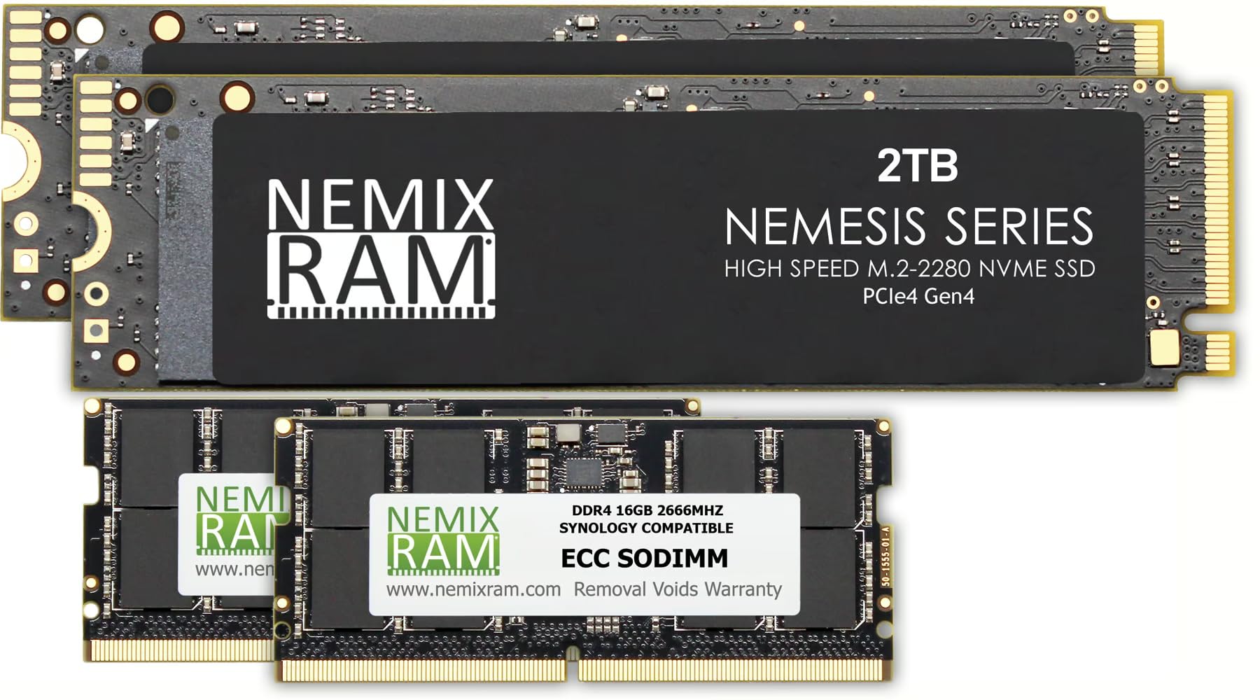 NEMIX RAM 32GB (2X16GB) DDR4 2666MHZ PC4-21300 2Rx8 CL19 260-PIN ECC  Unbuffered SODIMM NAS Memory KIT and Qty 2TB 2280 NVMe Gen4 SSD Cache