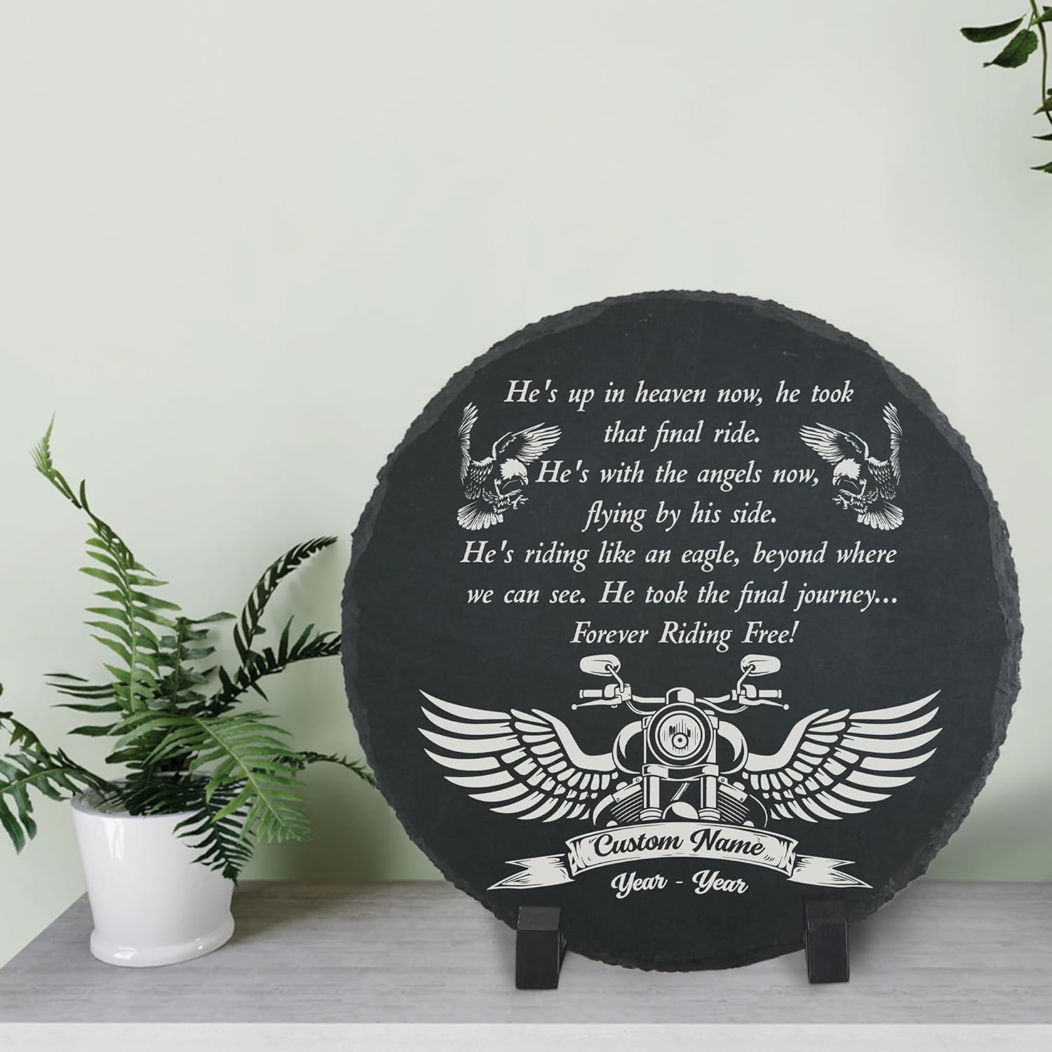 Riding Memorial Stone| Remembrance Gifts for Loss of Dad, Grandpa, Custom Motorcycle with Wings Memorial Stone, Loss of Loved One, Garden Stepping Stone (style 8)