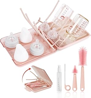 Reise Baby Flaschenbürsten-Set, 6 in 1 Tragbarer Babyflaschen Bürste Set mit Silikonbürste, Nippelbürste, Strohbürste, Seifenspender und Flaschenhalter, ideal für Zuhause & Unterwegs