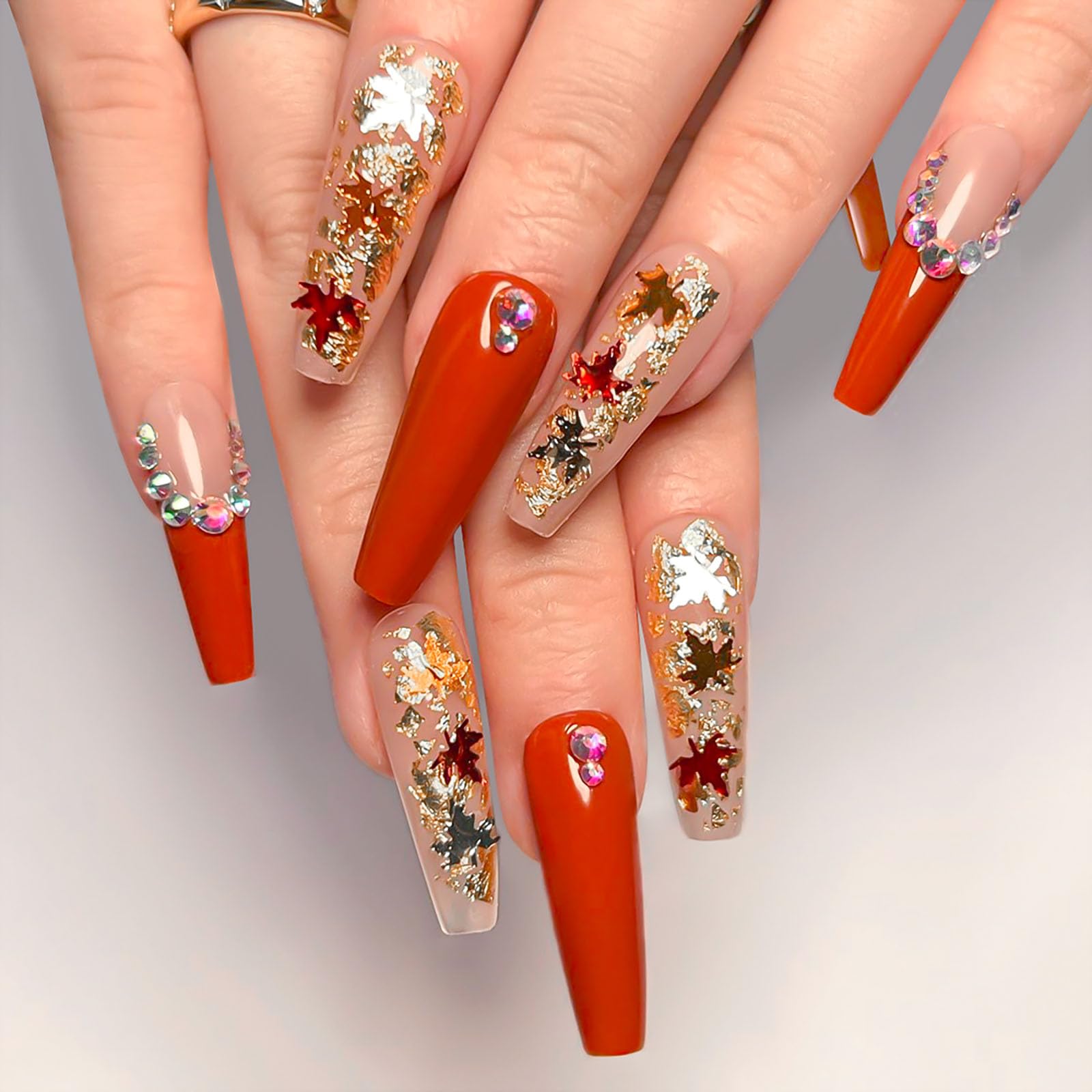 RTKHFZE Fall Press on Nails Long,Coffin Fake Nails with Glitter Fall Maple Leaves and Rhinestones Designs Acrylic Nails Red French Full Cover False