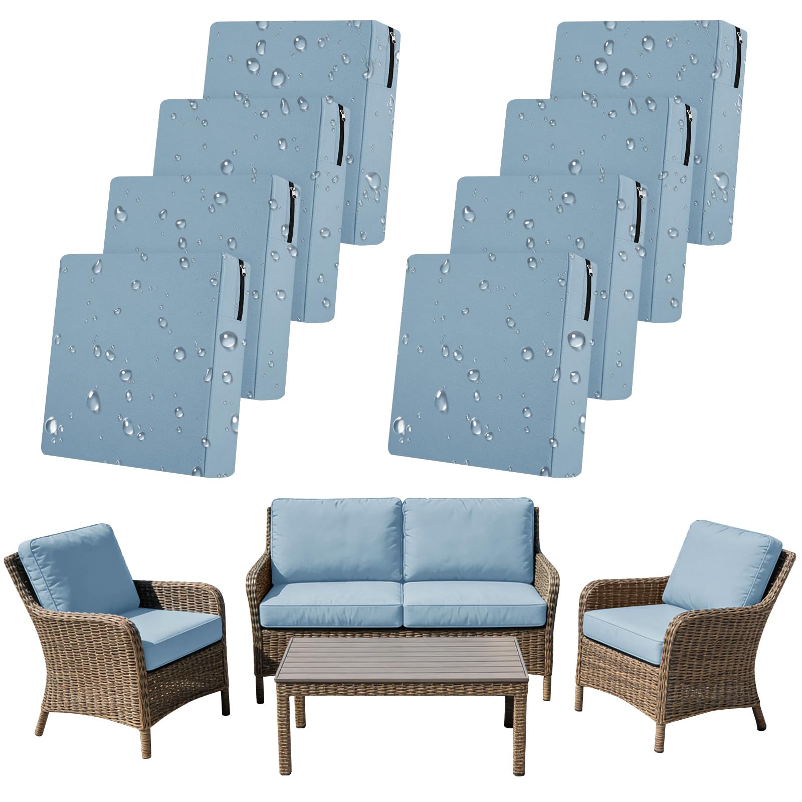 SYLC 8Pcs Outdoor Cushion Covers Waterproof Patio Cushion Covers Replacement with Zipper, Garden Rattan Sofa Seat Slipcovers Furniture Protector (Grey-blue,4pcs 60×55×10cm＋4pcs 60×60×10cm)