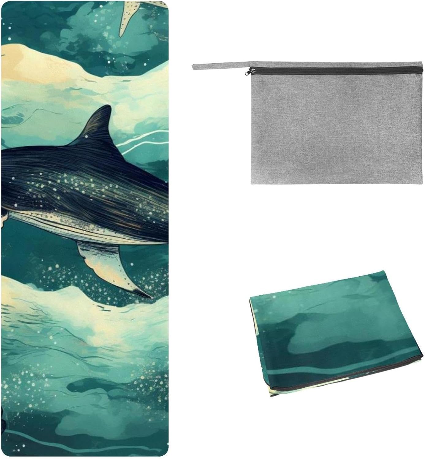 Yoga Towel, Whale Sea Pattern Non Slip Sweat Absorbent Hot Yoga Mat Towel for Hot Yoga, Pilates and Fitness - 72.8" x 26.8"