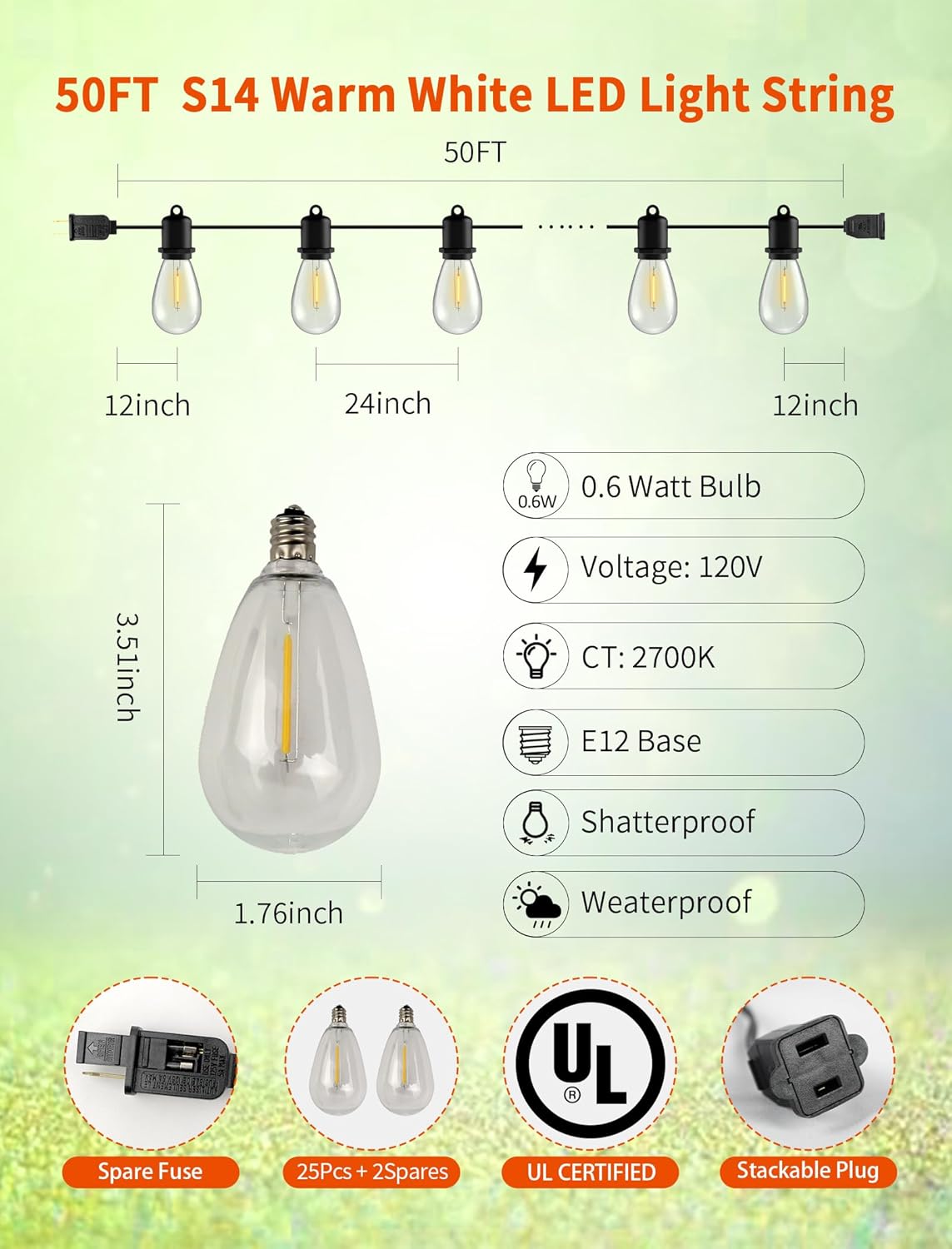 50FT LED Outdoor String Lights - 25+2 Shatterproof Edison Bulbs | Heavy-Duty Weatherproof | Vintage Bistro Lights for Backyard, Gazebo, Pergola & Outside Patio Decor (Plug in, 2700K Warm)