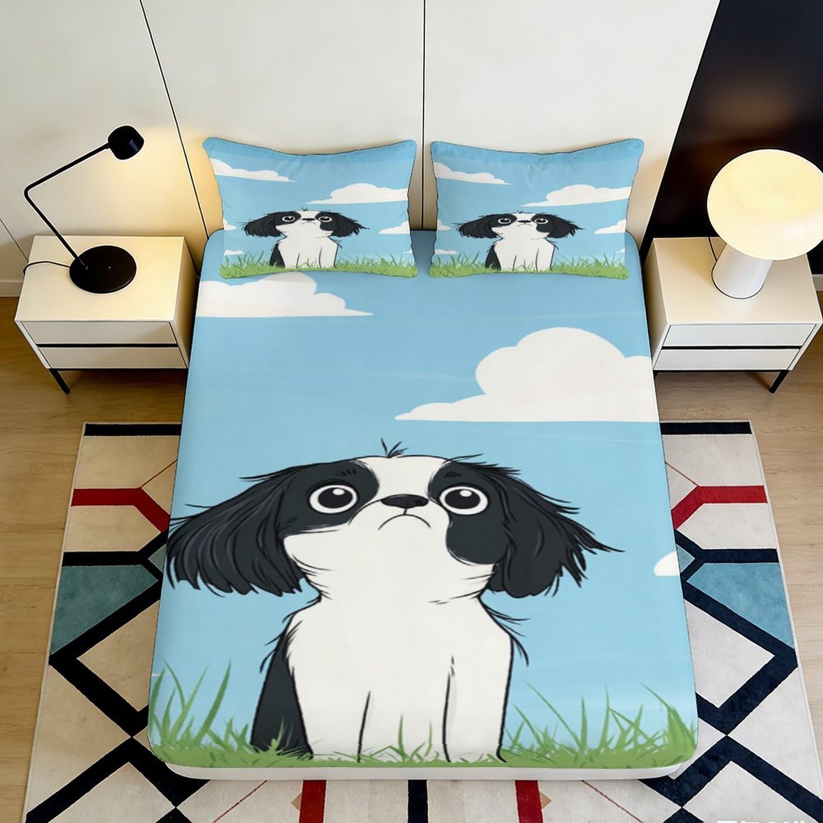 3D Printed Cartoon Dog Fitted Sheet Microfiber Soft Blue Sky Grass Mattress Cover for Bedroom Guest Room Decor 140x200x25cm