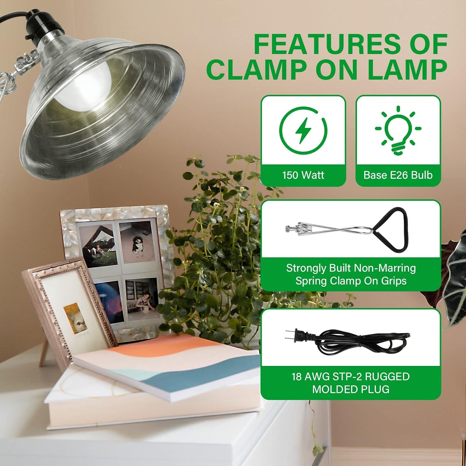 Simple Deluxe Clamp Lamp Light with 8.5 Inch Adjustable Aluminum Reflector and 6 Feet Cord, up to 150W E26 Socket (no Bulb Included), 1-Pack