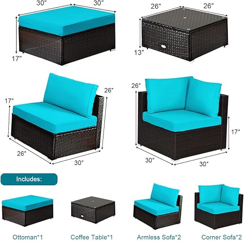 Vista 41 de Tangkula Juego de muebles de patio de 6 piezas, cubierta al aire libre, césped, patio trasero, marco de acero duradero, juego de sofá seccional