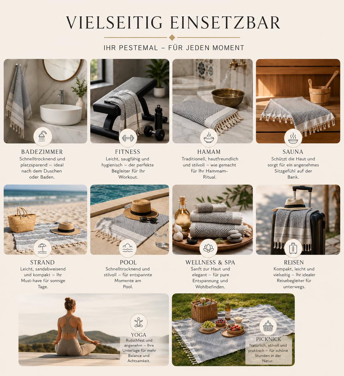 Set di 2 teli per hammam, 100 x 200 cm, telo da sauna XXL e telo mare in 100% cotone, asciugamano turco, leggero, assorbente e ad asciugatura rapida, peshtemal per sauna, spiaggia e viaggi (nero