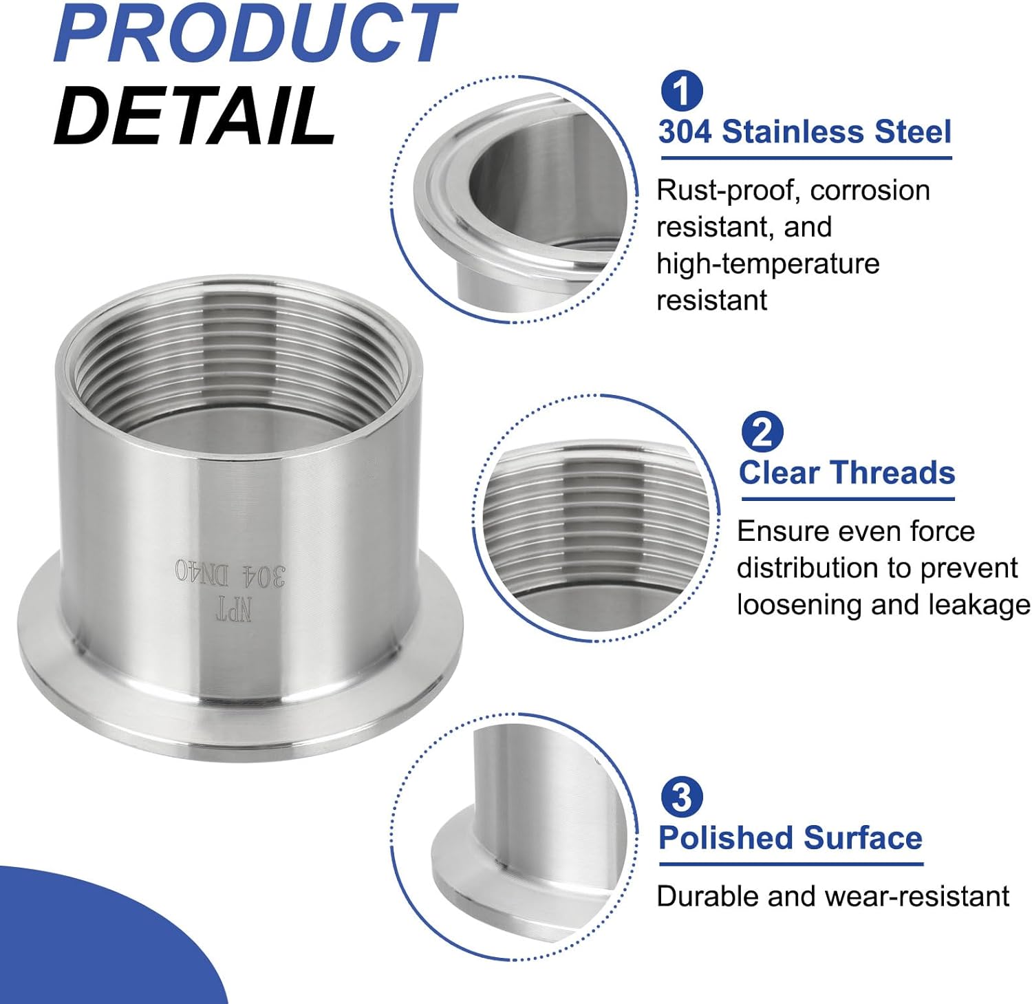 sourcing map 2set Sanitary Female Threaded Pipe Fitting 1.5" NPT Female to 2" Three Clamp Ferrule OD 64mm 304 Stainless Steel Sanitary Pipe Fittings Adapter with Silicone Gasket