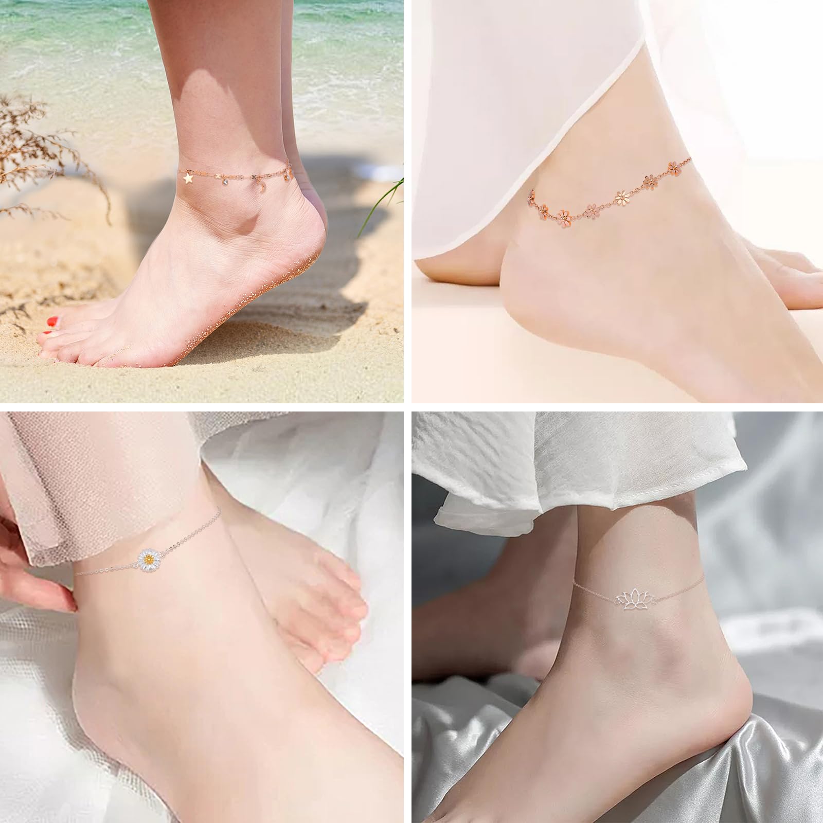 Cavigliere di Fiori Donna Cavigliera Regolabile Argento Bracciale Donna per Caviglia Regolabile Cavigliere in Acciaio per Donna Regalo Gioielli Donne Ragazze