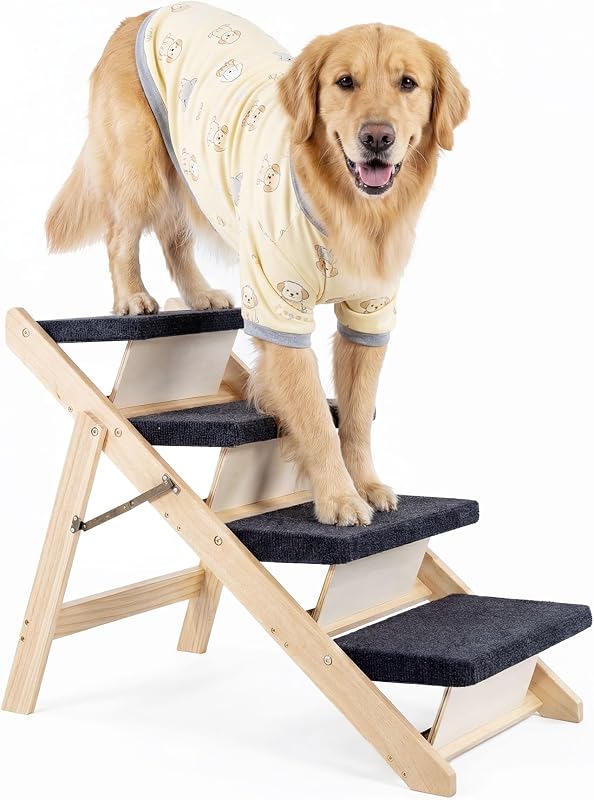 MEWANG Wood Pet Stairs & Ramp for Small/Medium Dogs & Cats, Aging Pets – 2-in-1 Foldable, Portable, Non-Slip Pet Ladder for Tall Beds, Couches, Cars – Holds Up to 220 lbs (31.5" L x 17.2" W x 25.0" H)