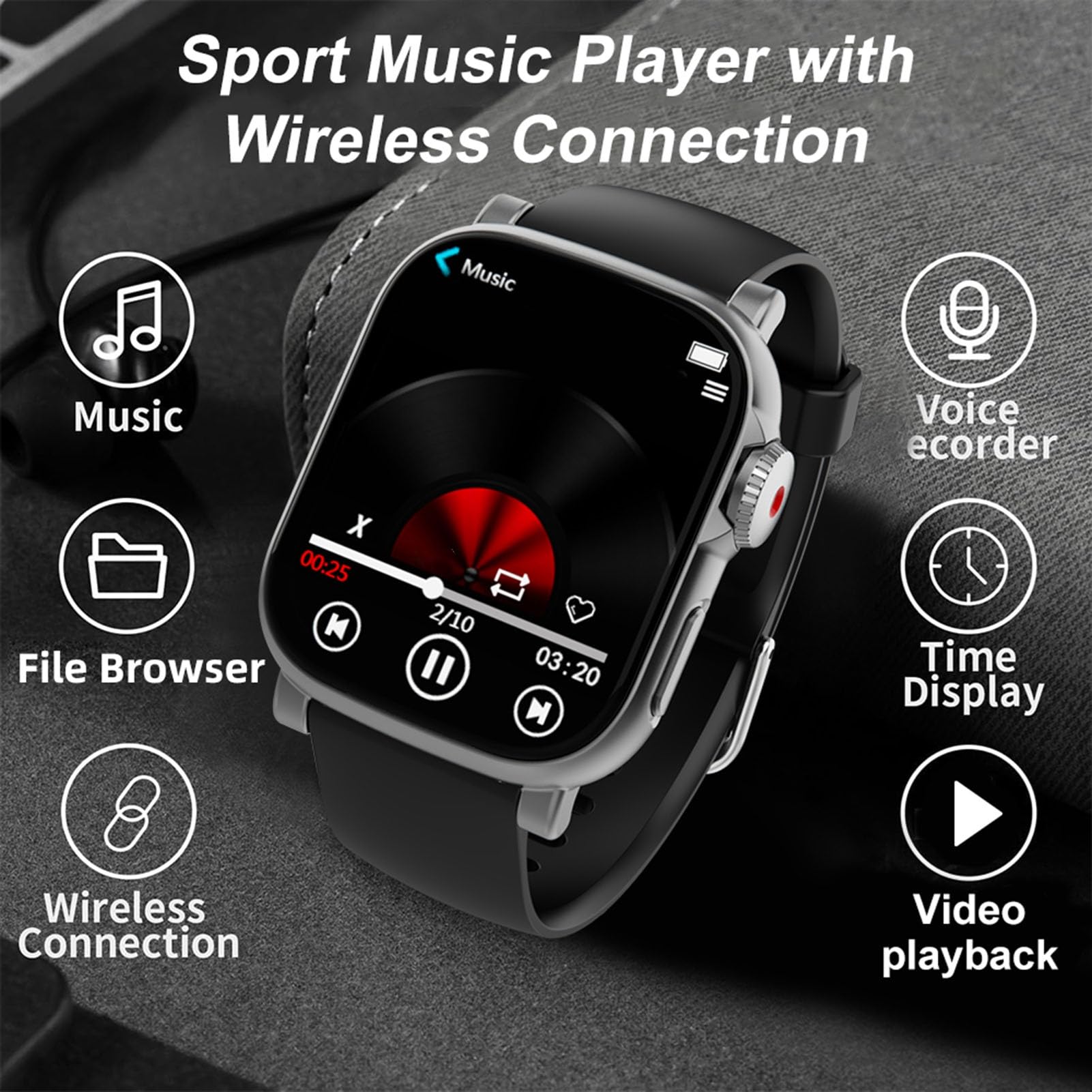 Tosuny Lettore MP3 Indossabile con Bluetooth 5.4, Lettore Musicale Portatile con Touchscreen e Band da Polso da 2", Altoparlante Integrato, E-book, Registratore Vocale, Contapassi, (16G)