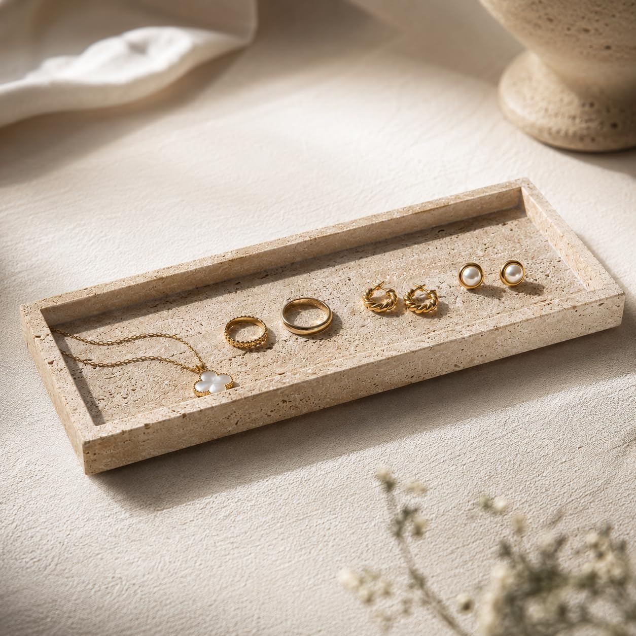 Natural Travertine Tray for Bathroom, Vanity, Kitchen and Desktop, Rectangle Travertine Stone Tray (9.8 * 5.9 in)