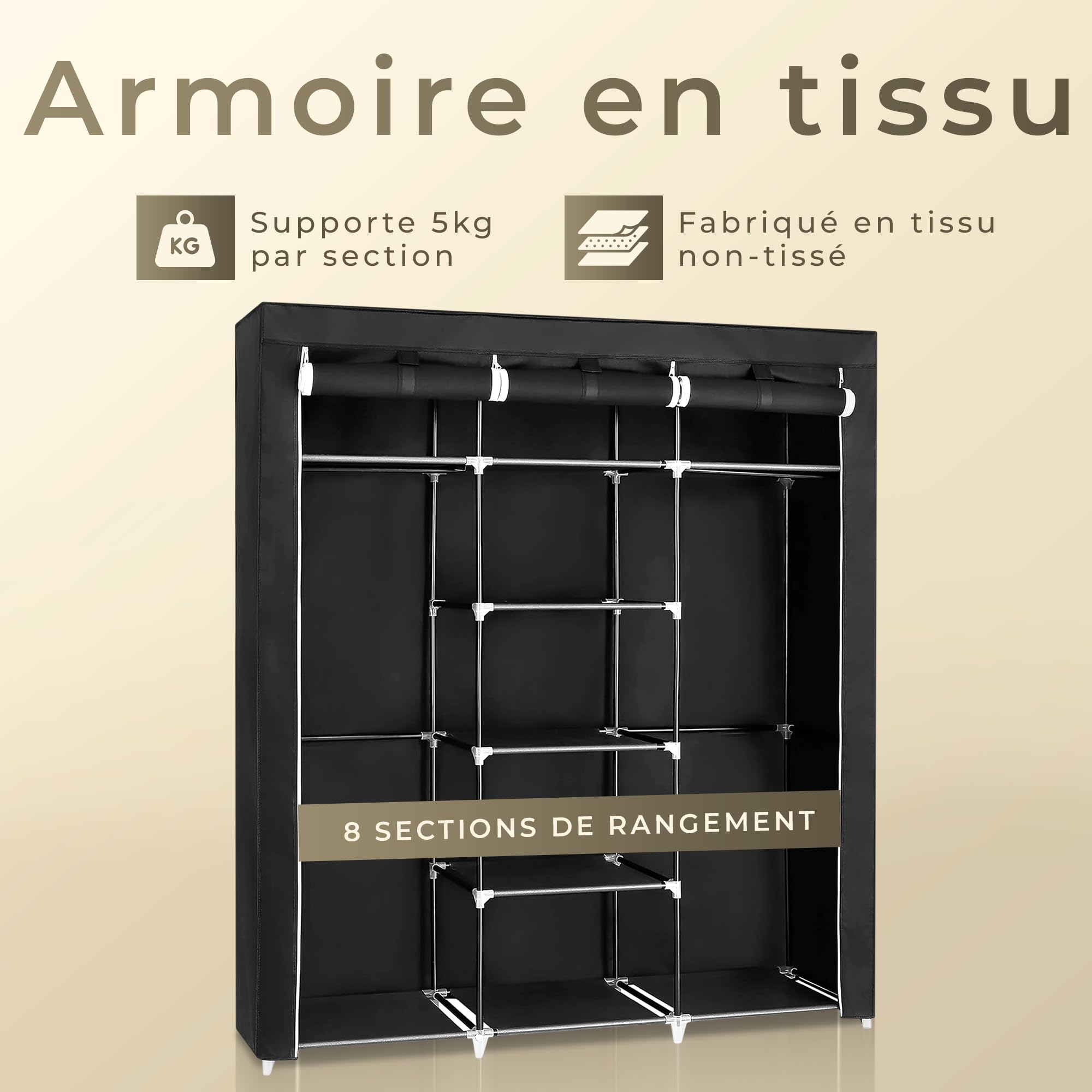 JUPPLIES Armoire en Tissu Portative 45x130x167 cm | Dressing Pliable avec Penderie, Étagères et Poches Latérales | Armoire de Rangement Chambre Adulte Facile à Monter