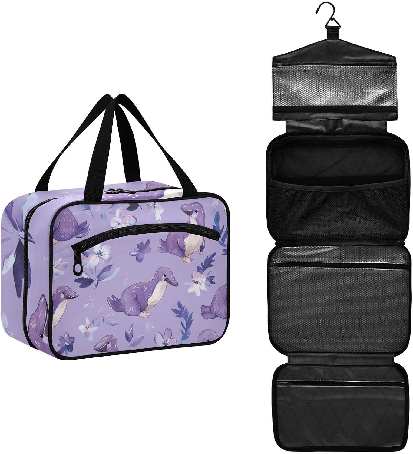 Cute Platypus Purple Hanging toiletries Bag for Women with Hook, Designer Waterproof Toiletry Bag for Travel Essentials Travel estuche de maquillaje para Mujer, Cute Platypus Purple, L, casual image 2