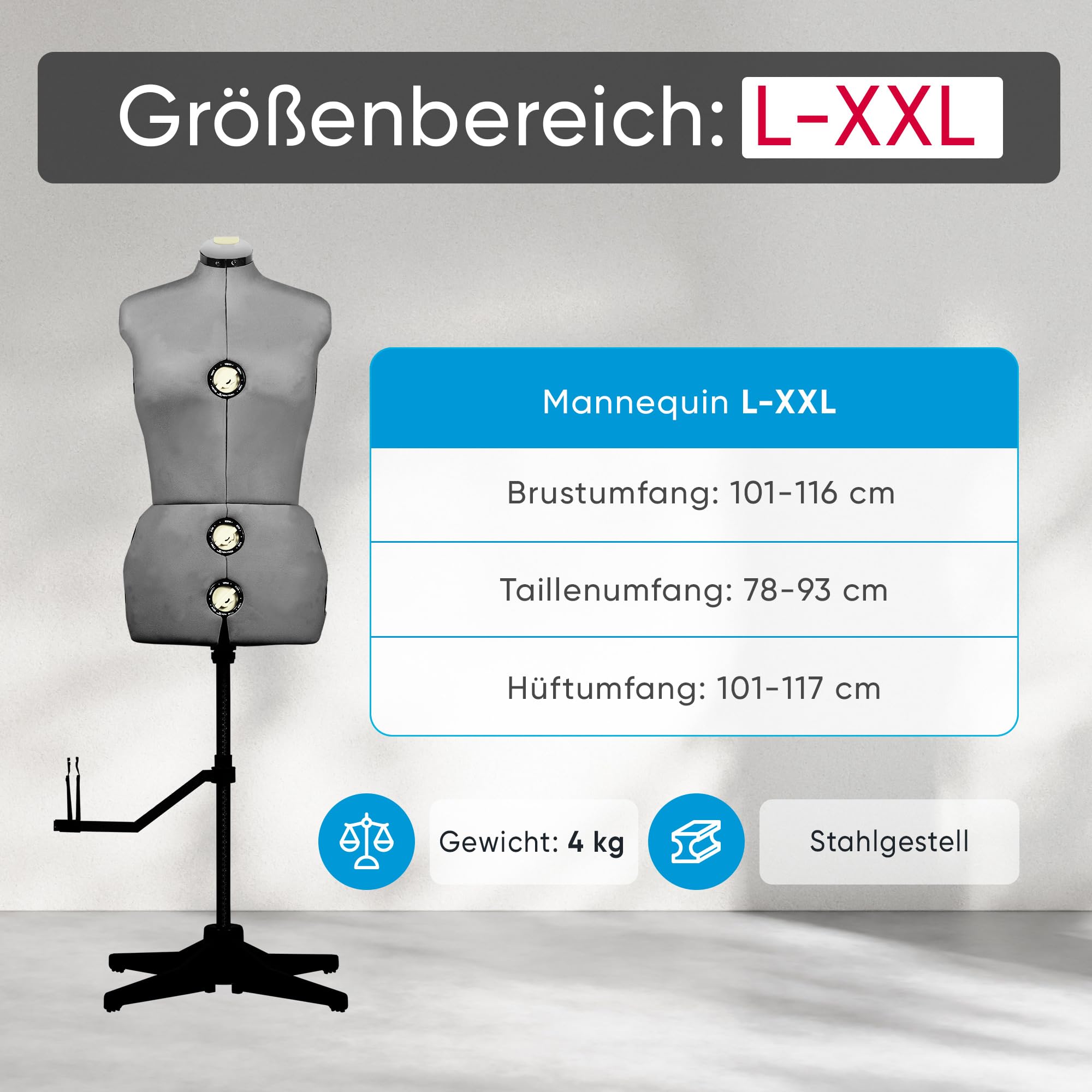 Nähpuppe für Schneiderinnen Ausstellung, höhenverstellbar Frau einziehbar Mannequin, Brustumfang 44-52 Euro, Ergonomisches Design mit Größe Fixatoren, 13 Elemente, Größe L-XXXL (Grau)
