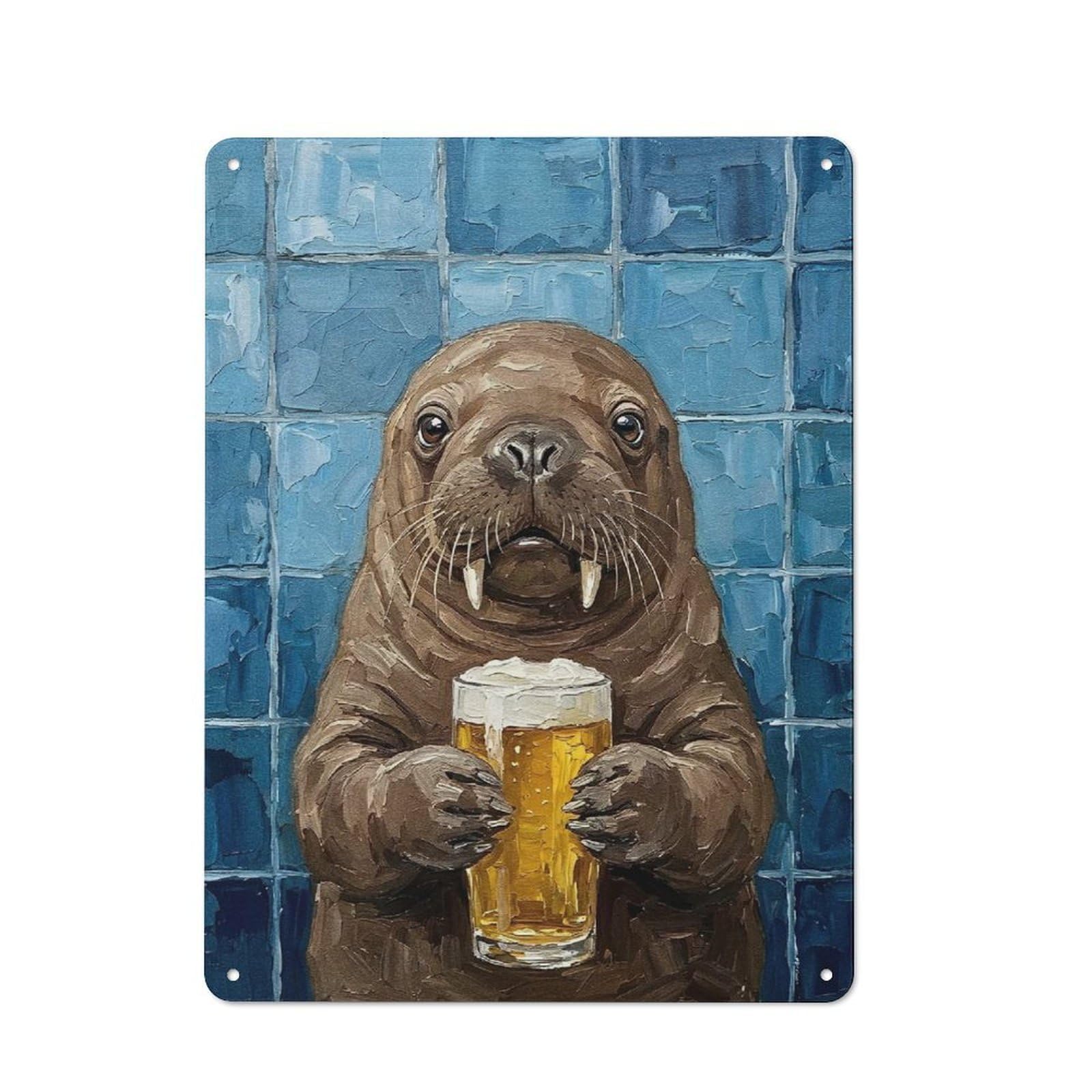 Old Style Walrus with Beer Painting Metal Sign 40x30cm, Bar Wall Plaque for Diner, Restaurant, Shed Or Kitchen
